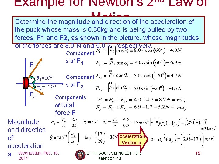 Example for Newton’s 2 nd Law of Determine the magnitude Motion and direction of