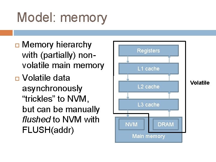 Model: memory Memory hierarchy with (partially) nonvolatile main memory Volatile data asynchronously “trickles” to