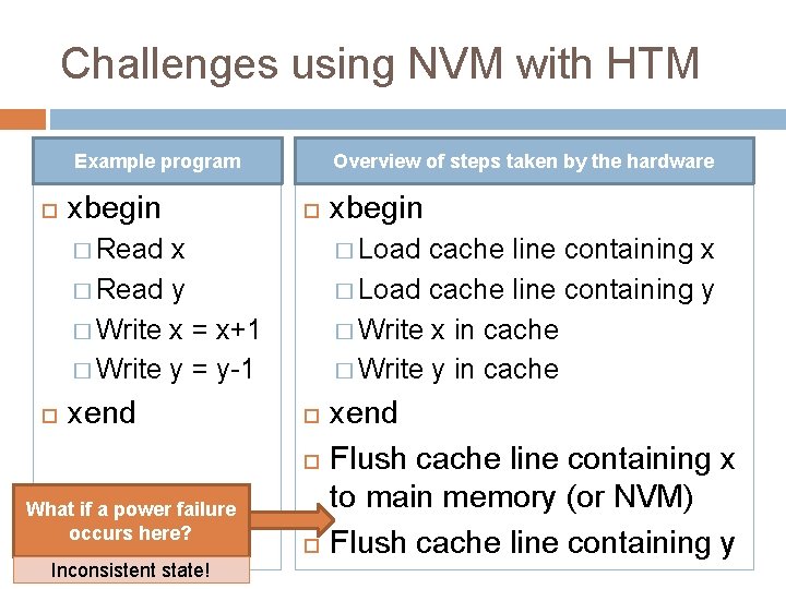 Challenges using NVM with HTM Example program xbegin Overview of steps taken by the