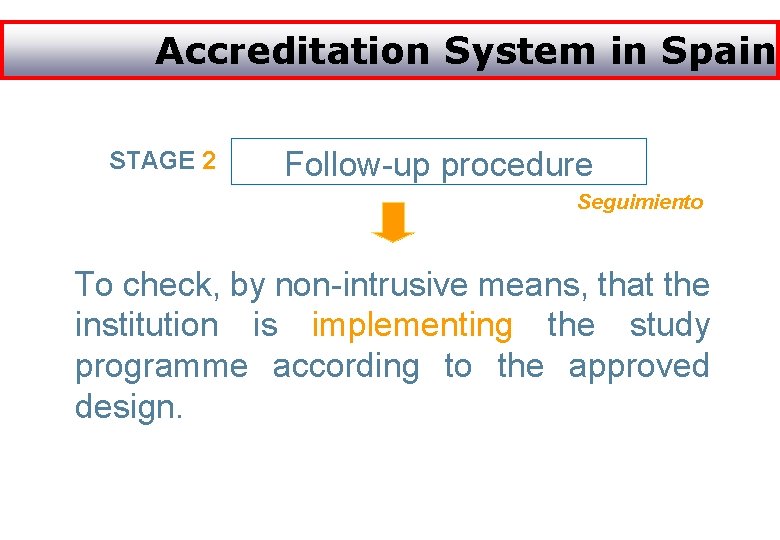 Accreditation System in Spain STAGE 2 Follow-up procedure Seguimiento To check, by non-intrusive means,