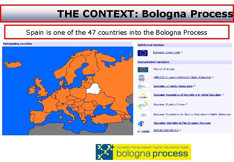 THE CONTEXT: Bologna Process Spain is one of the 47 countries into the Bologna