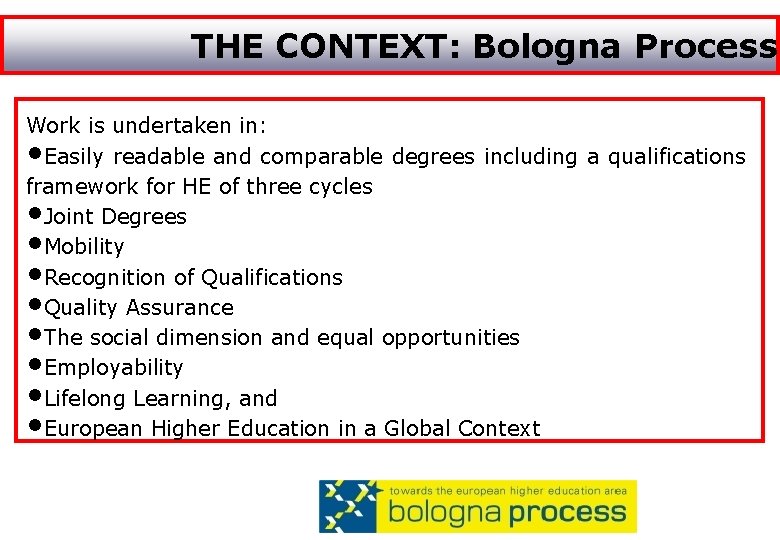 THE CONTEXT: Bologna Process Work is undertaken in: • Easily readable and comparable degrees