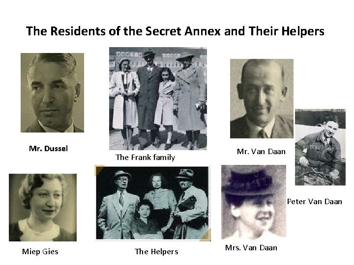 The Residents of the Secret Annex and Their Helpers Mr. Dussel The Frank family