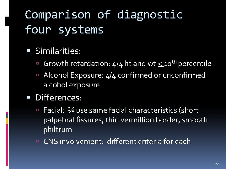 Comparison of diagnostic four systems Similarities: Growth retardation: 4/4 ht and wt < 10