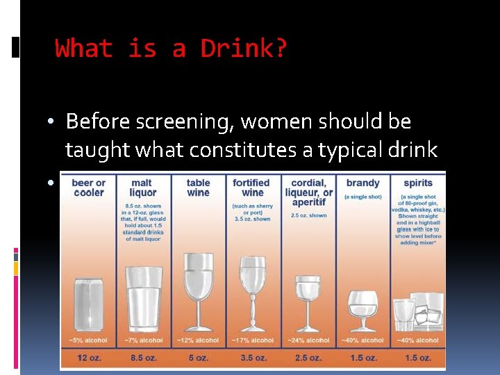What is a Drink? • Before screening, women should be taught what constitutes a