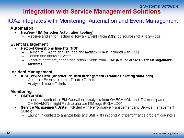 z Systems Software Integration with Service Management Solutions IOAz integrates with Monitoring, Automation and