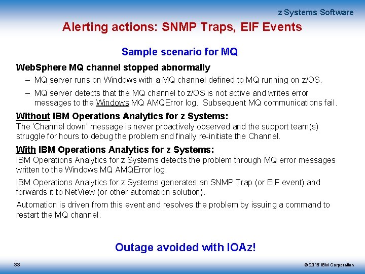 z Systems Software Alerting actions: SNMP Traps, EIF Events Sample scenario for MQ Web.