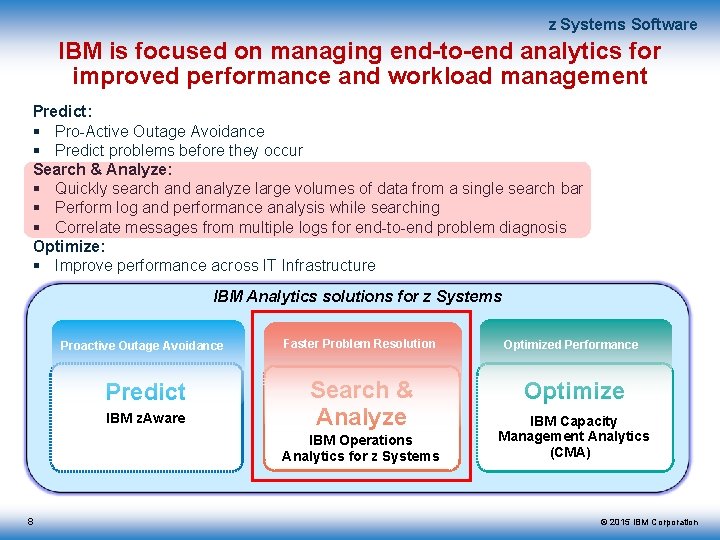 z Systems Software IBM is focused on managing end-to-end analytics for improved performance and