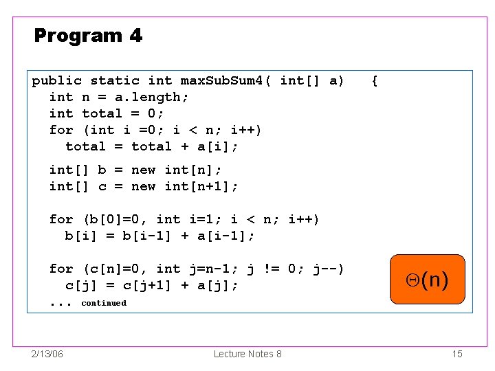 Program 4 public static int max. Sub. Sum 4( int[] a) int n =
