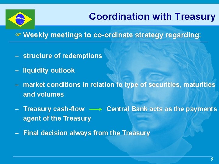 Coordination with Treasury F Weekly meetings to co-ordinate strategy regarding: – structure of redemptions