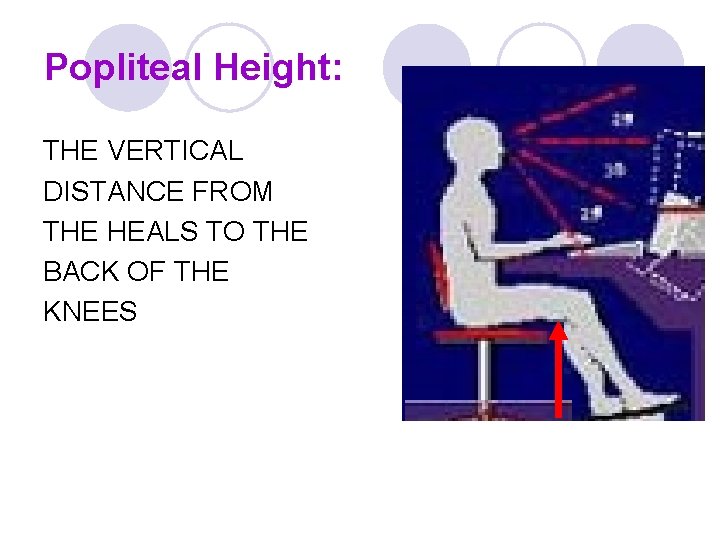 Popliteal Height: THE VERTICAL DISTANCE FROM THE HEALS TO THE BACK OF THE KNEES