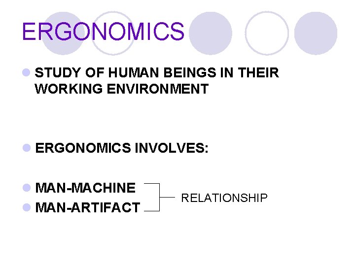 ERGONOMICS l STUDY OF HUMAN BEINGS IN THEIR WORKING ENVIRONMENT l ERGONOMICS INVOLVES: l