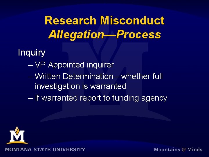 Research Misconduct Allegation—Process Inquiry – VP Appointed inquirer – Written Determination—whether full investigation is