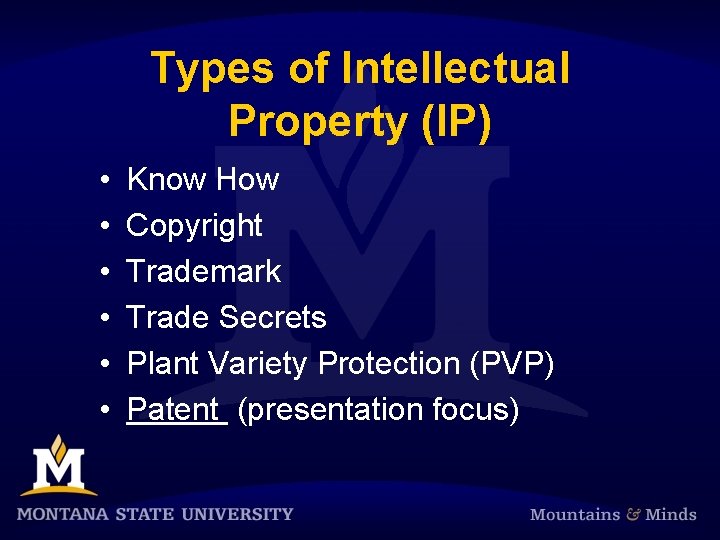 Types of Intellectual Property (IP) • • • Know How Copyright Trademark Trade Secrets