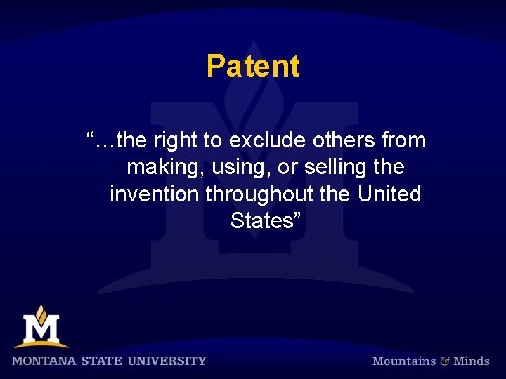 Patent “…the right to exclude others from making, using, or selling the invention throughout