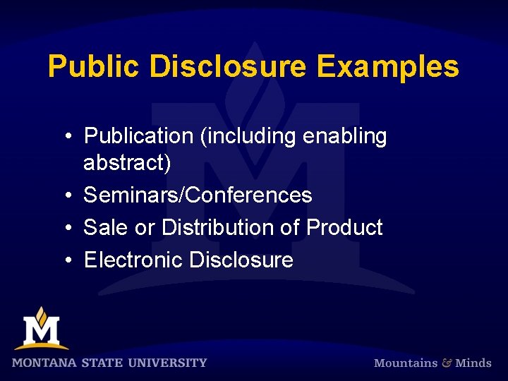 Public Disclosure Examples • Publication (including enabling abstract) • Seminars/Conferences • Sale or Distribution