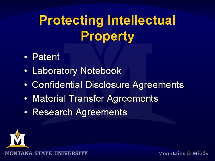 Protecting Intellectual Property • • • Patent Laboratory Notebook Confidential Disclosure Agreements Material Transfer