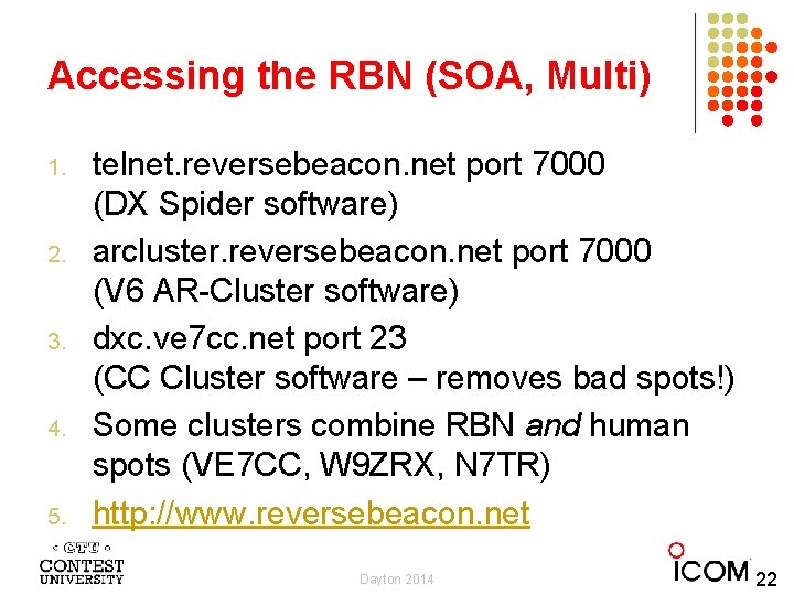 Accessing the RBN (SOA, Multi) 1. 2. 3. 4. 5. telnet. reversebeacon. net port