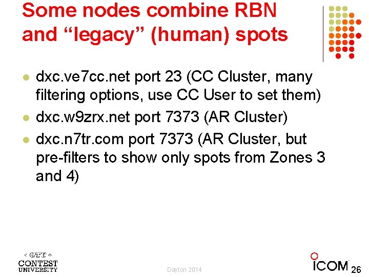 Some nodes combine RBN and “legacy” (human) spots l l l dxc. ve 7