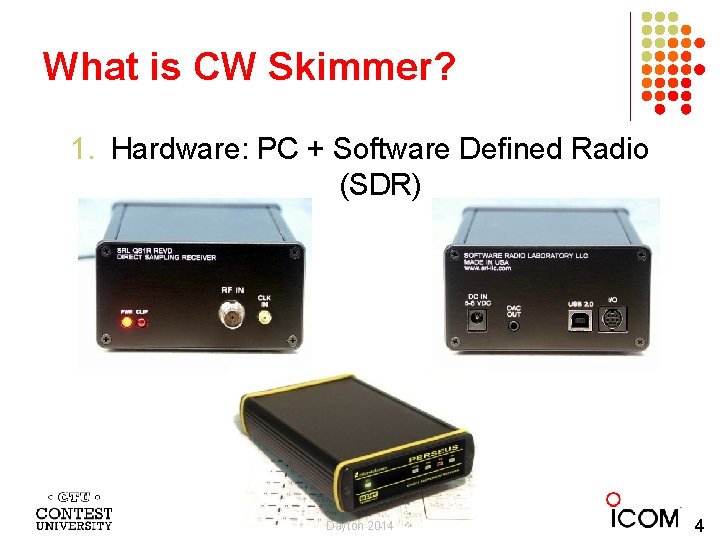 What is CW Skimmer? 1. Hardware: PC + Software Defined Radio (SDR) Dayton 2014