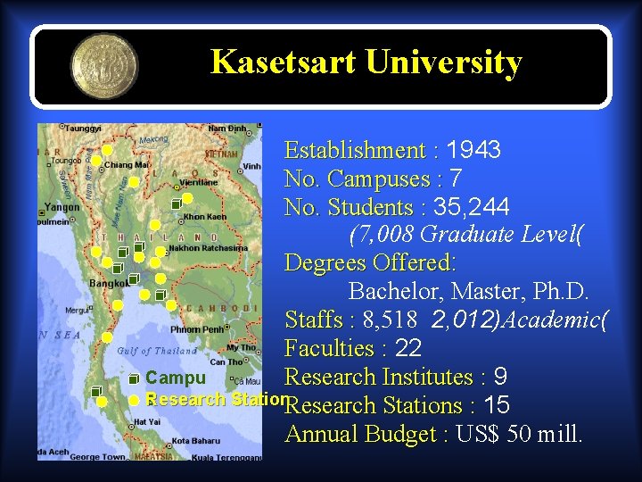 Kasetsart University Establishment : 1943 No. Campuses : 7 No. Students : 35, 244