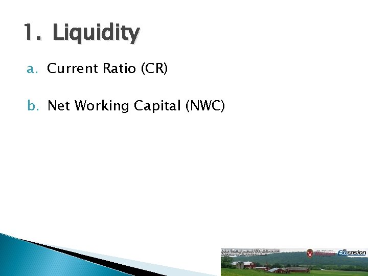 1. Liquidity a. Current Ratio (CR) b. Net Working Capital (NWC) 