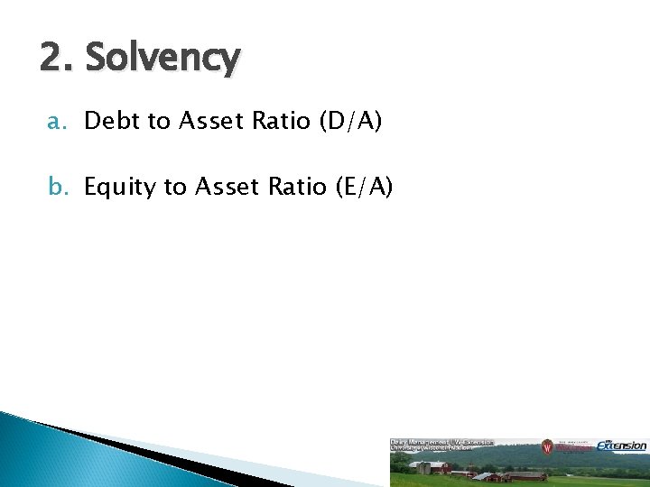 2. Solvency a. Debt to Asset Ratio (D/A) b. Equity to Asset Ratio (E/A)