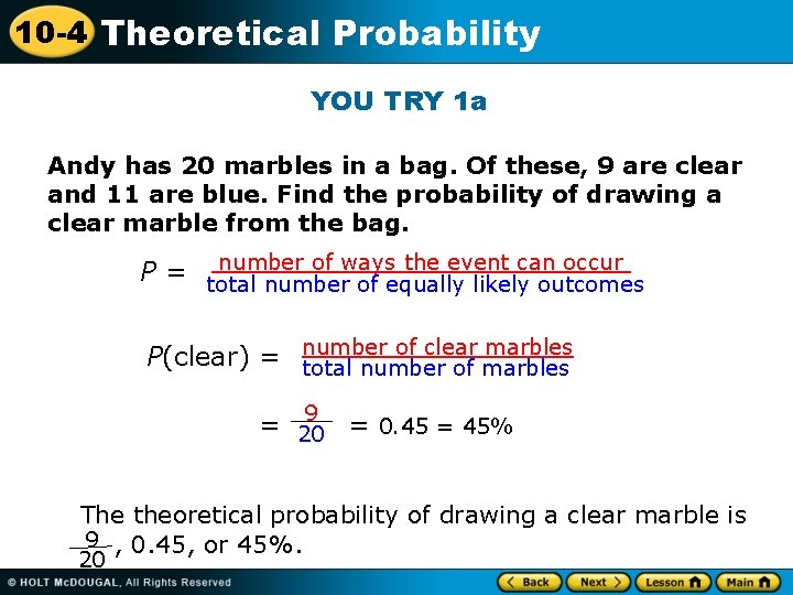 10 -4 Theoretical Probability YOU TRY 1 a Andy has 20 marbles in a