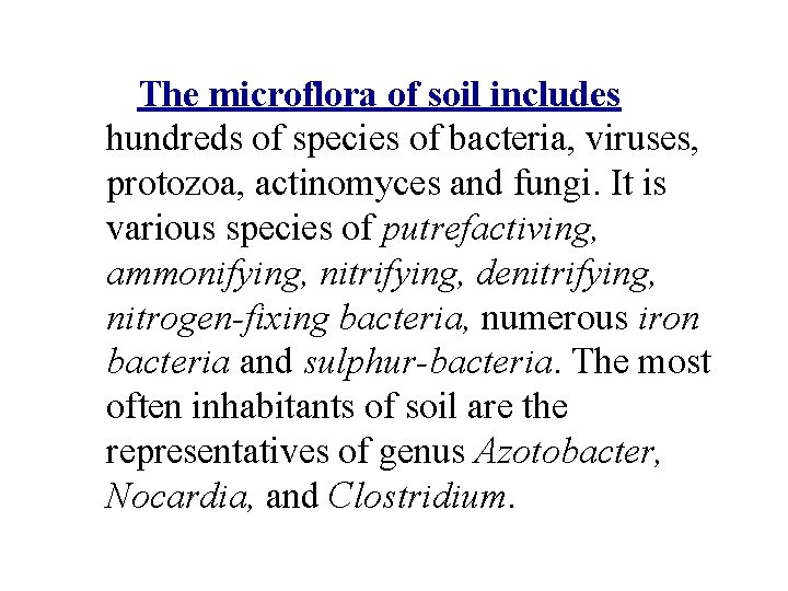 The microflora of soil includes hundreds of species of bacteria, viruses, protozoa, actinomyces and