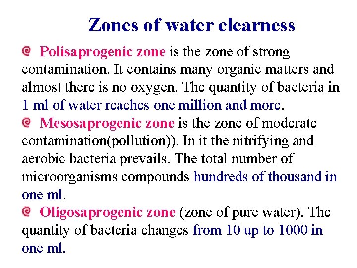 Zones of water clearness Polisaprogenic zone is the zone of strong contamination. It contains