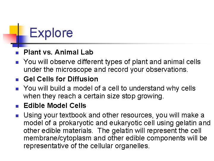 Explore n n n Plant vs. Animal Lab You will observe different types of