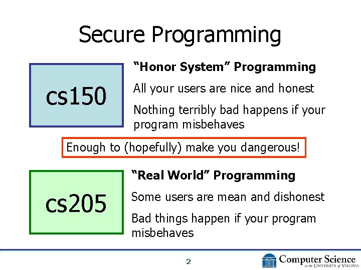 Secure Programming “Honor System” Programming cs 150 All your users are nice and honest