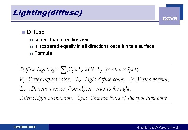 Lighting(diffuse) n CGVR Diffuse comes from one direction o is scattered equally in all