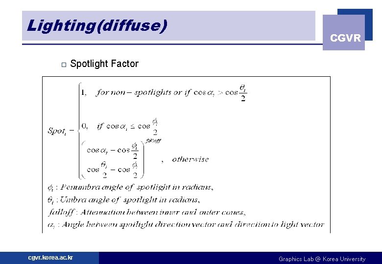 Lighting(diffuse) o CGVR Spotlight Factor cgvr. korea. ac. kr Graphics Lab @ Korea University