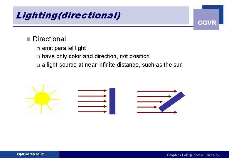 Lighting(directional) n CGVR Directional emit parallel light o have only color and direction, not