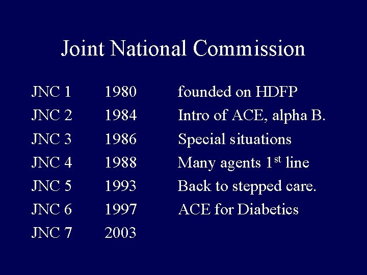 Joint National Commission JNC 1 JNC 2 JNC 3 JNC 4 JNC 5 JNC