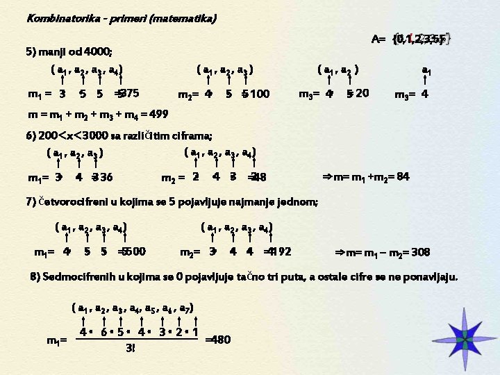 Kombinatorika - primeri (matematika) A= {0, 1, 2, 3, 5} 5) manji od 4000;