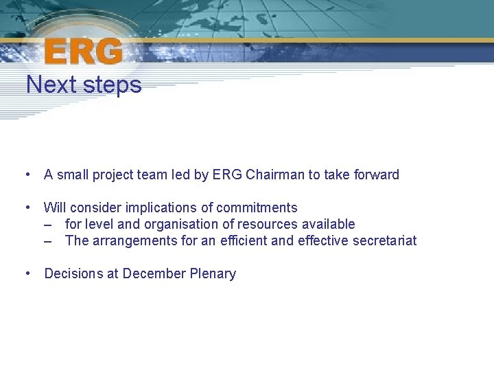 Next steps • A small project team led by ERG Chairman to take forward