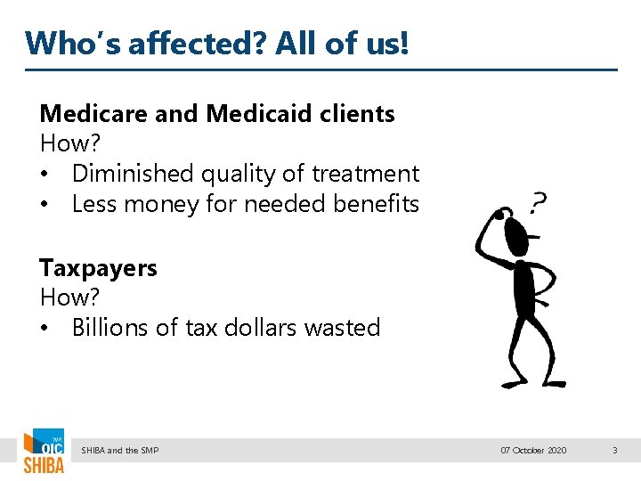 Who’s affected? All of us! Medicare and Medicaid clients How? • Diminished quality of