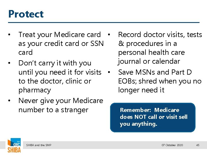 Protect • • • Treat your Medicare card • as your credit card or