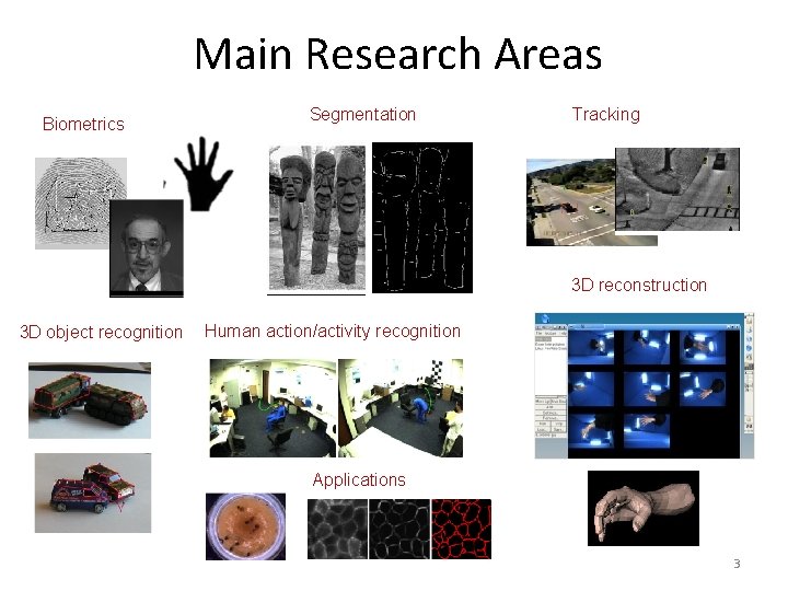 Main Research Areas Biometrics Segmentation Tracking Segmentation 3 D reconstruction 3 D object recognition
