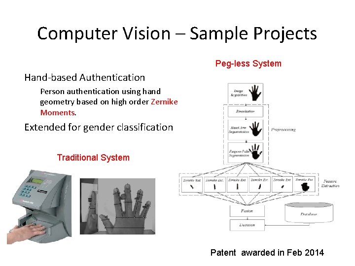 Computer Vision – Sample Projects Peg-less System Hand-based Authentication Person authentication using hand geometry