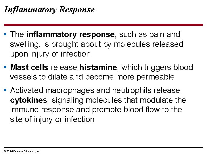 Inflammatory Response § The inflammatory response, such as pain and swelling, is brought about