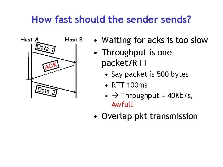 How fast should the sender sends? Host A Data Host B 1 ACK Data