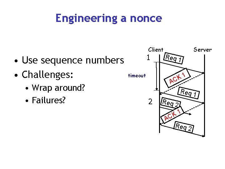 Engineering a nonce Client • Use sequence numbers • Challenges: • Wrap around? •