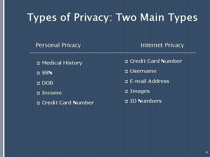 Types of Privacy: Two Main Types Personal Privacy Internet Privacy p Medical History p