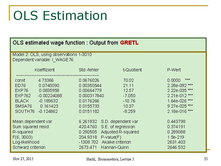 OLS Estimation OLS estimated wage function : Output from GRETL Model 2: OLS, using