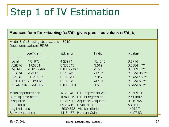 Step 1 of IV Estimation Reduced form for schooling (ed 76), gives predicted values