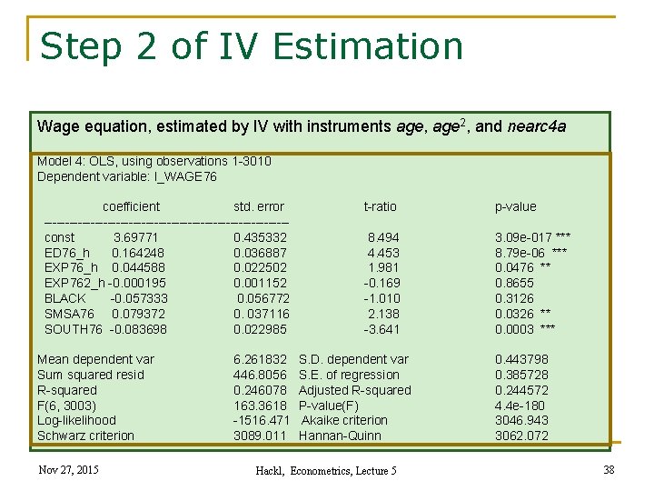 Step 2 of IV Estimation Wage equation, estimated by IV with instruments age, age