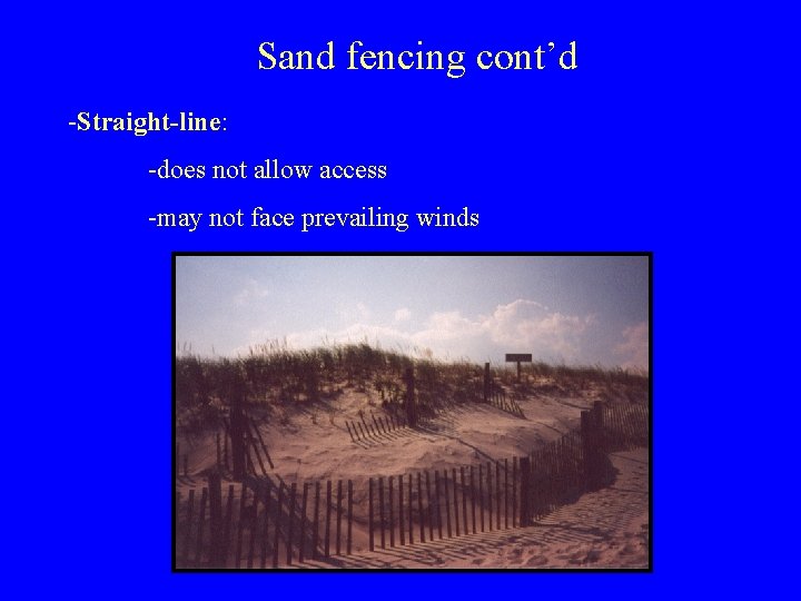 Sand fencing cont’d -Straight-line: -does not allow access -may not face prevailing winds 
